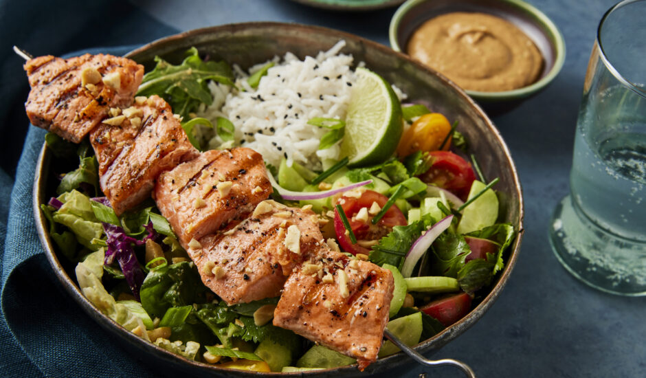 Char-grilled salmon rice bowl.