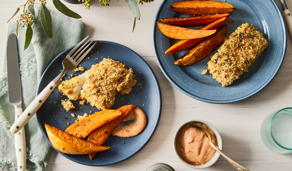 sheet-pan breaded cod with sweet potato wedges
