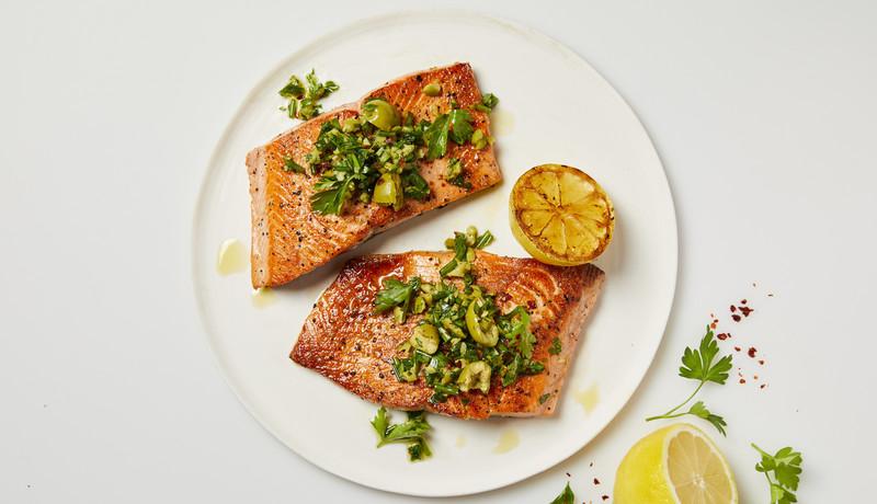 King salmon with green olive salsa