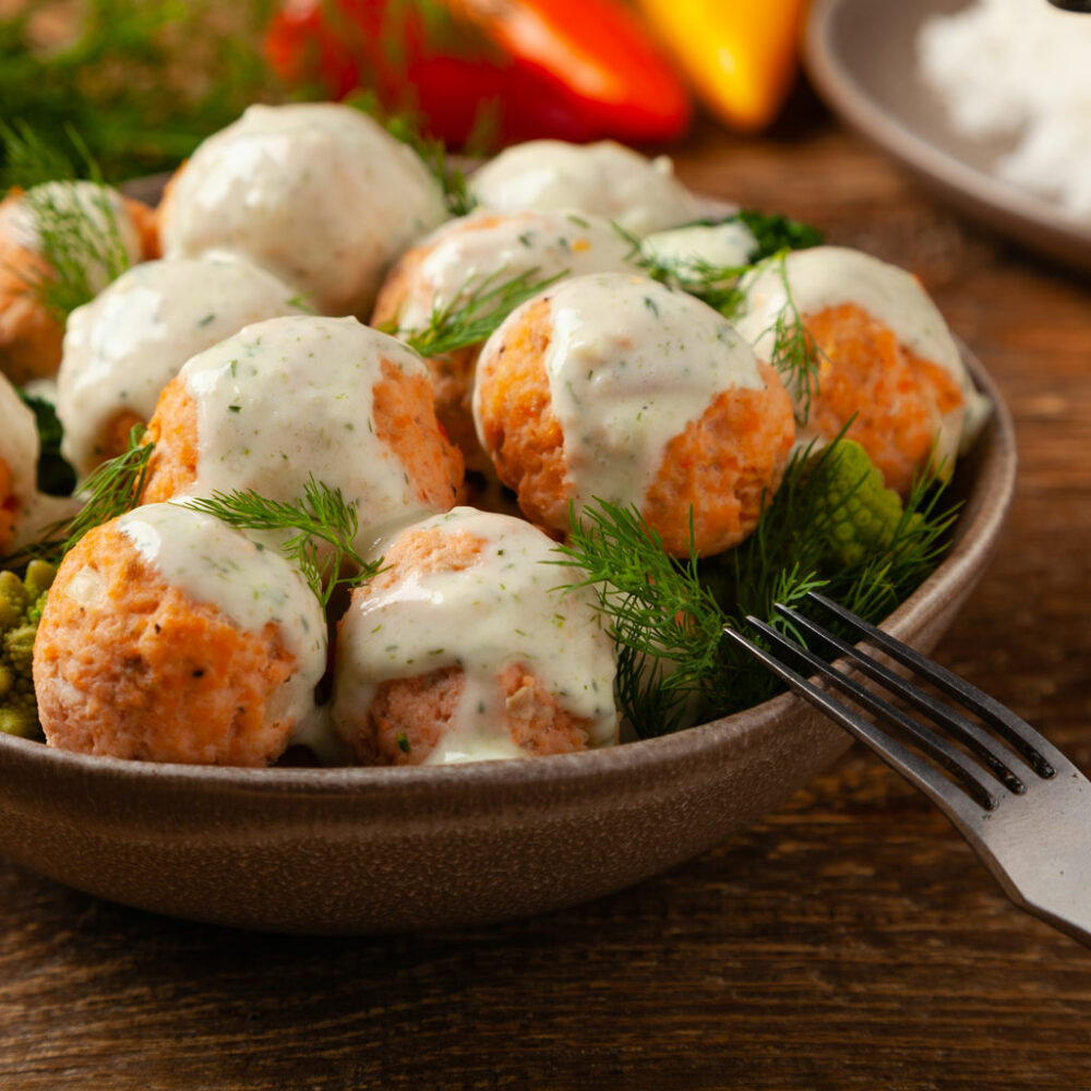 Salmon meatballs in a bowl